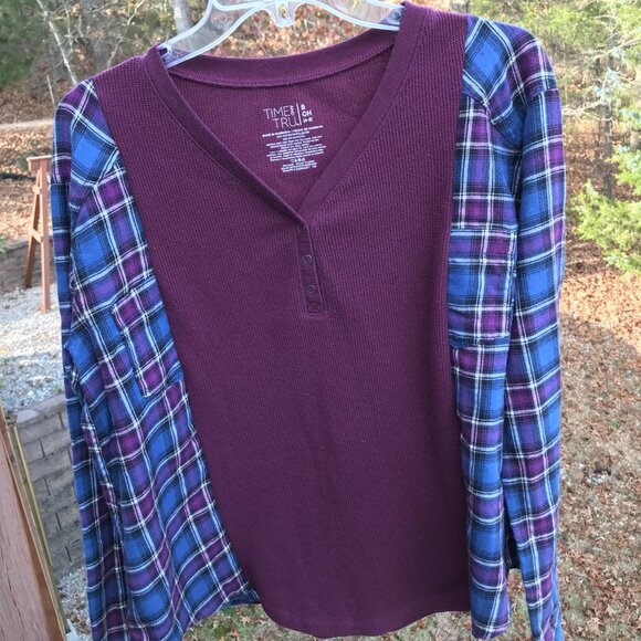Upcycled Plaid And Waffle Knit Pullover: Oversized Plum Long Sleeved Flannel Tee - Picture 11 of 11